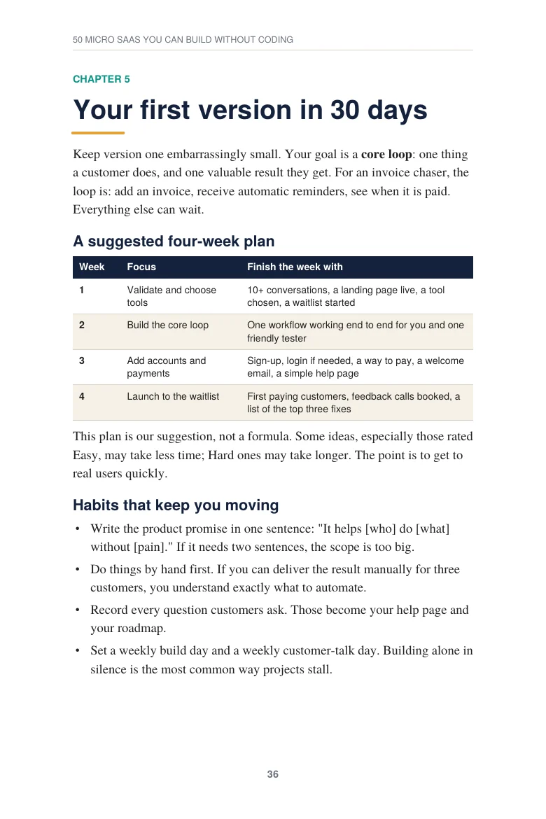 Page 36: your first version in 30 days, a suggested four-week plan